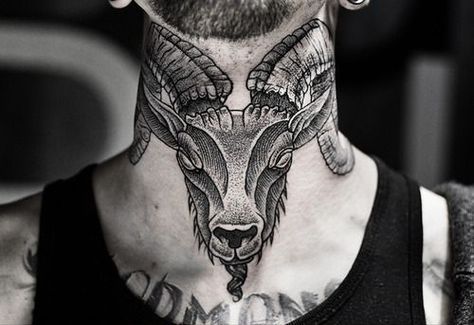 Ram Head Neck Tattoo Alternative Tattoos, Bull Skull Tattoos, Best Neck Tattoos, Ram Tattoo, Throat Tattoo, Goat Head, Goat Skull, Vegan Tattoo, Bull Tattoos