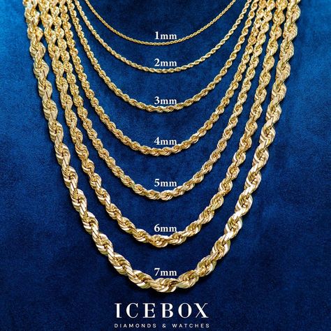 🔢 What MM size is your favorite? 🔢  Shop Now - www.icebox.com Rope Chain Gold, Mens Silver Chain Necklace, Mens Gold Chain Necklace, Gold Neck Chain, Chain Necklace Men, Jewelry Knowledge, Gold Leaf Necklace, Gold Chain Design, Mens Gold Jewelry