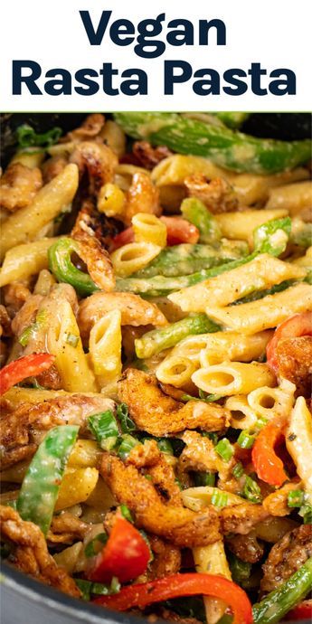 Looking for a flavorful and easy vegan dinner? Try our vegan rasta pasta recipe! With a homemade jerk seasoning, anyone can enjoy these Jamacian inspired flavors. Married together with soy curl chicken, bell peppers and pasta, this dish is done in 30 minutes. You don't want to miss this vegan pasta dish!  Vegan jamacian recipes, tasty vegan recipes, easy vegan dinner recipes. Tvp Recipes, Soy Curls Recipes, Rasta Pasta Recipe, Easy Vegan Dinner Recipes, Vegan Dinner Ideas, Tasty Vegan Recipes, Vegan Pasta Sauce, Rasta Pasta, Vegan Pasta Dish