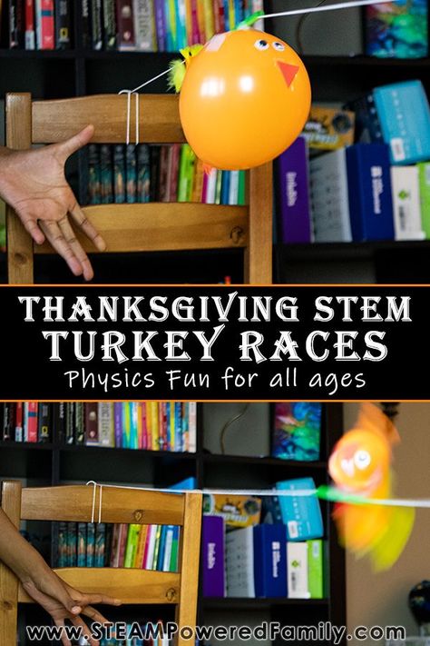 This Thanksgiving play with physics with Turkey Balloon Races. The perfect Thanksgiving STEM Activities for all ages that will have everyone laughing, learning and having fun. Explore Newton's Laws of Motion with this simple physics challenge that is so silly and so much fun, it will have everyone celebrating their turkey successes! An excellent project for a classroom activity or a fun family challenge, Turkey Races are the perfect Thanksgiving STEM Activity. #ThanksgivingSTEM #TurkeyActivity Thanksgiving Science Experiments Kids, Turkey Science Experiments, Thanksgiving Experiments, November Team Building Activities, Thanksgiving Preschool Science, November Stem Activities For Kids, Stem Thanksgiving Activities, Turkey Balloon Races, November Steam Activities