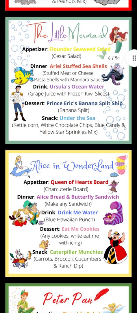 Disney Movies With Food, Family Night Dinner Ideas Fun, Ariel Movie Night, Disney Movie Inspired Meals, Movie Themed Dinners Ideas, Family Themed Dinner Ideas, Elf Dinner Menu Ideas, Disney Movie Theme Meals, Disney Themed Movie Night Snacks