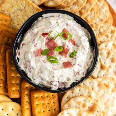 Chipped Beef Dip - Take Two Tapas Burnt Ends Dip Recipe, Budding Beef Dip, Dry Beef Dip, Buddig Beef Dip, Chip Beef Dip, Chipped Beef Cheese Ball, Beef Cheese Ball, Chipped Beef Dip, Sour Cream Dip Recipes