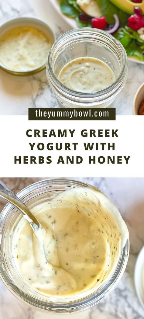 Creamy, filling, warm, cozy, fresh - that's just a few words to describe this  greek yogurt herb dressing/sauce. Perfect for sumer salads as well as roasted veggies, meats and fish. #herbs #oregano #basilsauce  #greekyogurt #yogurt #dressing #sweetdressing #honeymustard #honeymustarddressing #saladdressing #roastedvegetables #vegetabledressing #sauce-The Yummy Bowl Herbed Yogurt Sauce, Greek Yogurt Mustard Sauce, Yogurt Sauce For Potatoes, Healthy Dressings For Salads Homemade Greek Yogurt, Plain Yogurt Salad Dressing Recipes, Sweet Yogurt Sauce, Greek Yogurt Fry Sauce, Creamy Yogurt Dressing, Tahini Greek Yogurt Dressing