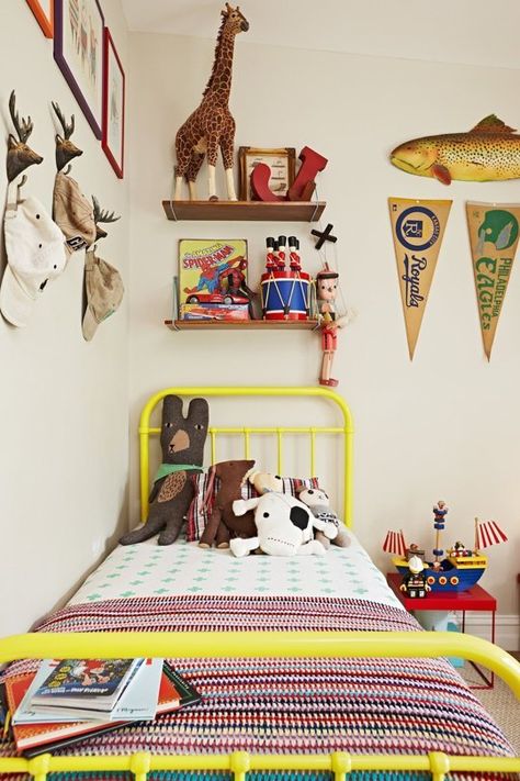 Kid's room with a healthy dose of kitsch. #kids #decor Eclectic Kids Room, Yellow Bedding, Kids Bedroom Design, Kids Room Inspiration, Ideas Hogar, Shared Room, Big Boy Room, Boys Bedrooms, Boy's Bedroom