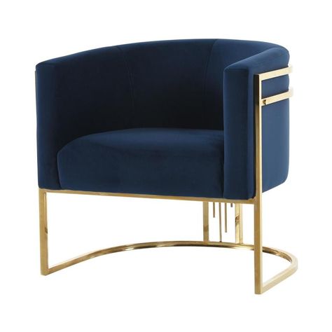 The Gatsby Blue Accent Chair is sure to make you and your guests feel luxurious. With its gold steel base and velvet seat, this sleek barrel back style chair adds a spark of art deco to any modern space! Care: When you purchase upholstered furniture, you want to make sure it lasts a long time in your home for you to enjoy for years to come. In order to keep your pieces strong and prevent soiling, it is best to take care of your fabric with routine maintenance such as lightly brushing the fabric with a soft brush or vacuum. This helps remove the accumulation of dust and grime.Sometimes life is not under our control. If you encounter a spill on upholstered furniture, do not leave it untreated for too long or else it will be absorbed into the fabric of the piece and will be harder to remove. Armchairs Living Room Modern, Blue Velvet Chairs, Blue Accent Chairs, Vanity Chair, Blue Accent, Modern Accent Chair, Blue Chair, Art Deco Furniture, Arm Chairs Living Room