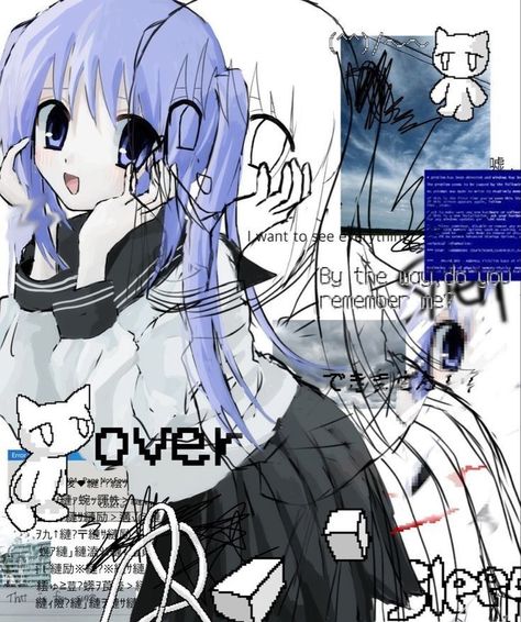 Chat Background, Animecore Webcore, Cybergoth Anime, 2000s Art, Art Inspiration Drawing, 그림 그리기, Pretty Art, Blue Hair, Drawing Reference