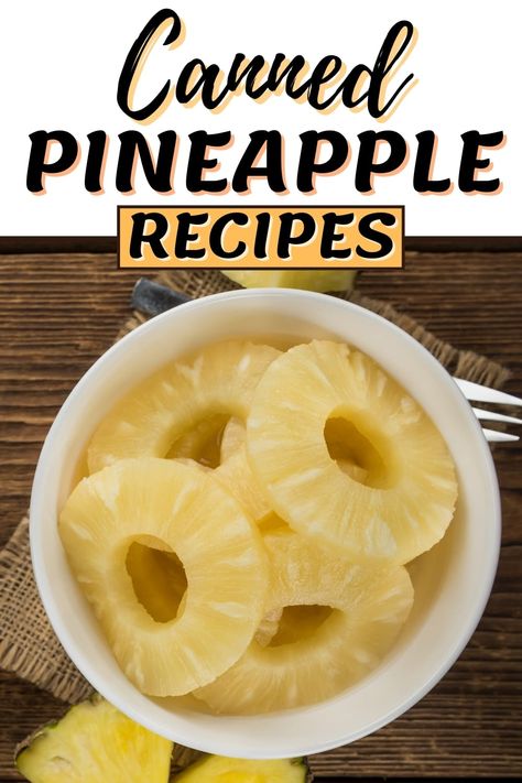 These canned pineapple recipes make the most wonderful dishes, from appetizers to entrees to desserts! Try these dishes, and you'll stock up on canned pineapple from here on out. Recipes With Canned Pineapple Chunks, Recipes Using Canned Pineapple, Pineapple Rings Recipes, Can Pineapple Recipes, Canned Pineapple Recipes Desserts, Pineapple Slices Recipe, Recipes Using Pineapple, Canned Pineapple Recipes, Pineapple Sherbet Recipe