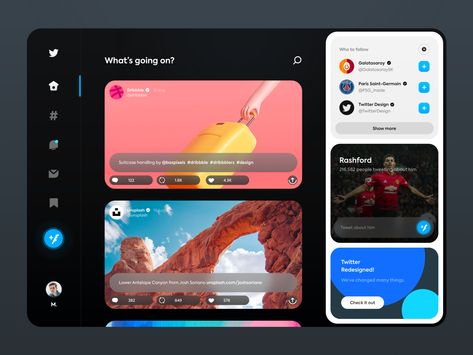 Twitter Concept Dashboard ui ux minimal clean simple design app flat illustration dashboard twitter dark icon web redesign football facebook cards Desain Ux, Ui Design Dashboard, App Interface Design, Twitter Design, Ui Design Website, Web Ui Design, App Design Inspiration, Dashboard Design, Ui Design Inspiration
