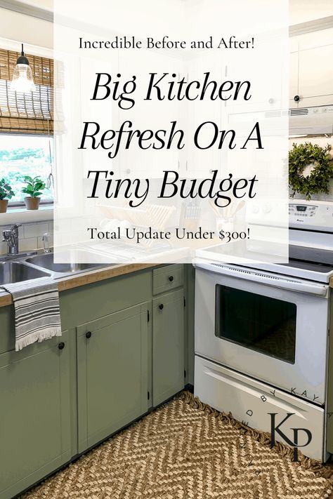 Big Kitchen Refresh On A Tiny Budget! Boho Kitchen Remodel On A Budget, Refresh Kitchen Cabinets Diy, Small Kitchen Renovation On A Budget, Diy Kitchen Renovation On A Budget, Small Kitchen Diy Makeover Budget, Painted Kitchen Cabinets Small Kitchen, Tiny Kitchen Color Ideas, Boho Kitchen Makeover, Diy Kitchen Refresh