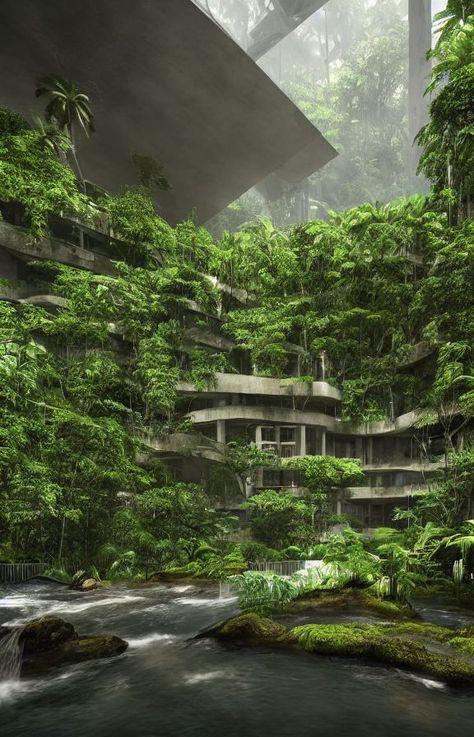 Plant Apocalypse Aesthetic, City Covered In Plants, Forest Dystopia, Distopian Architecture Art, Eco Brutalism Architecture, Distopian Architecture, Eco Brutalism, Modern Forest House, Apocalypse Landscape