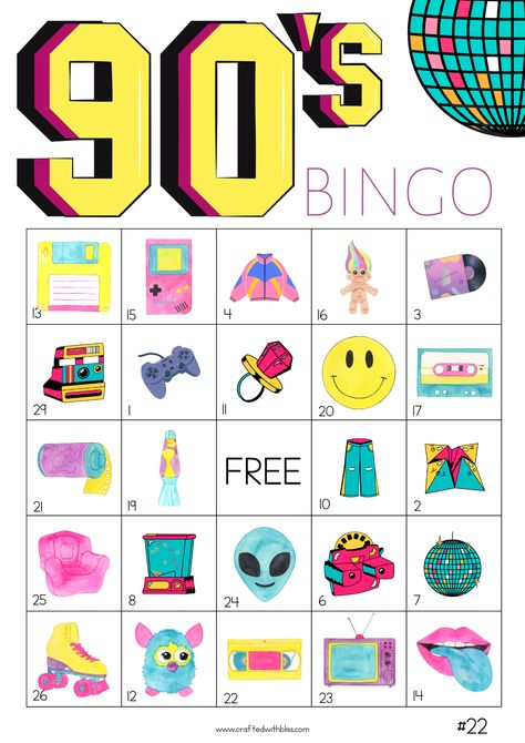 Ready for 90's theme Party? We've prepared 50 Unique 90's BINGO cards! This is perfect for every 90's theme party.Goal: Be the first person to mark five(5) images in a row!Pages: 55 pagesThis file has 90's Tokens, 90's Calling Cards, 90's Bingo Cards, and 90's BINGO Instructions. We have prepared 50 90's BINGO CARDS!Paper Format:A4 size - 21cm x 29.7cm Keywords: 50 90's Bingo Cards (5x5), 90's Theme, 90's Party, 90's Bingo Game, 90's Birthday Bingo, 90's Printable and Bingo, 90's Games and Activ 90s Theme Party Decorations, 90s Party Ideas, Decades Party, Game Bingo, Free Bingo Cards, Bingo Party, 90s Theme Party, Adult Party Themes, 90's Birthday Party