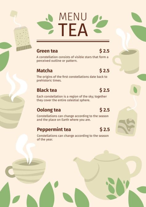 Hand-drawn Flat Leaves And Cups Tea Shop Menu Editing Tool, Food Menu Design, Tea Design, Food Logo, Peppermint Tea, Tea Break, Oolong Tea, Free Sign, Logo Food