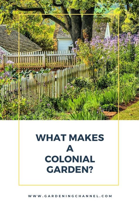 gardening fence and garden with text overlay what makes a colonial garden Colonial Garden, Colonial Life, Gardening Guide, Herb Garden Design, House Backyard, The Gardener, Garden Design Plans, Classic Garden, Outdoor Gardens Design