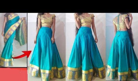 Saree Into Lehenga, Old Sarees Convert Into Dress, Saree Reuse Ideas, Lehanga Saree, Saree Reuse, Cute Tshirt Designs, Reuse Ideas, Sari Skirt, Lehenga Pattern