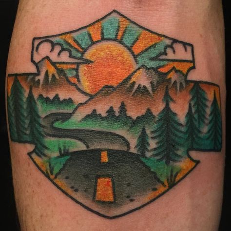 Brandon Kemp Aces Tattoos Denton, TX IG: @brandonkemptattoo Traditional Outdoors Tattoo, Mountain Tattoo Old School, Traditional Mountain Scene Tattoo, Cornfield Tattoo, Open Road Tattoo, Traditional Mountain Tattoo, Road Trip Tattoo, State Tattoo Ideas, Road Tattoo