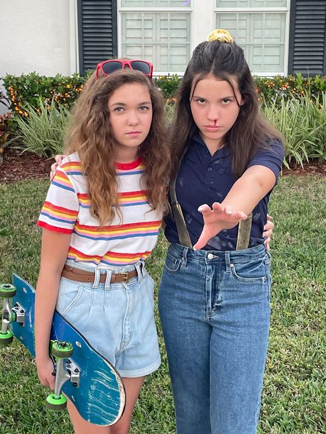 Max and El El And Max Costumes, Stranger Things Duo Costumes, Max And Eleven Outfits, Eleven And Max Halloween Costume, Max And Eleven Costume, Eleven And Max Costume, 80s Duo Costumes, Eleven From Stranger Things Costume, Max And Eleven Halloween Costume