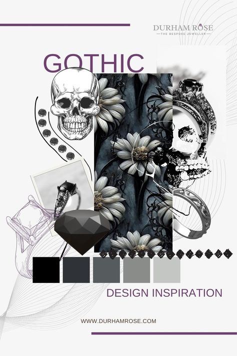 With Halloween just around the corner, we've conjured up a design inspiration for all you goth enthusiasts out there! 🖤⁠ Stay tuned for the grand reveal of the ring born from this dark and mesmerising inspiration! 🎃💍🖤⁠ ⁠ #moodboard #gothinspired #halloweendaypreps #comingsoon #staytuned #bigreveal #dark #designinspo #visual #spookyrings #gothinspiredjewellery #gothicaesthetics #october31 #trickortreat #halloweentime #spookyvibes #gothicvibes #staytunedformore #duhramroseinspirations Gothic Moodboard Aesthetic, Goth Mood Board, Gothic Moodboard, Goth Moodboard, Deconstructivism, Inspiration Moodboard, Fashion Boards, Fabric Board, Gothic Design