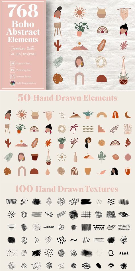 Ad: Boho Elements Bundle Set containing a total of 768 elements ideal for your design projects, posters, logos and so much more. Logos, Bohemian Graphic Design, Boho Graphic Design, Travel Fonts, Bohemian Elements, Minimal Graphic, Boho Travel, Web Trends, Boho Elements