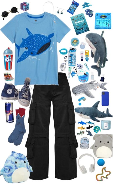 Shark Outfit Ideas, Whale Shark Clothes, Shark Shirt Aesthetic, Shark Aesthetic Outfits, Shark Themed Outfit, Silly Outfit Ideas, Shark Core Outfits, Fishcore Outfit, Roblox Shark Outfit