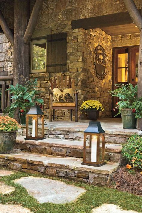 Simple Style Rustic Porch Ideas, Rustic Front Porch, Stone Porches, Front Porch Steps, Patio Steps, Stone Steps, Rustic Porch, Wooden Porch, Farmhouse Front Porches