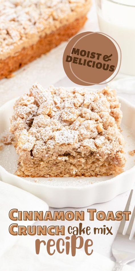 Close up shot of a serving of the Cinnamon toast crunch cake. Cinnamon Toast Crunch Cake, Cinnamon Crumble Topping, Crunch Cake Recipe, Cake Mix Bars, Baking Mix Recipes, Cake Mix Recipe, Coffee Cake Recipes Easy, Cinnamon Crumble, Cinnamon Crunch