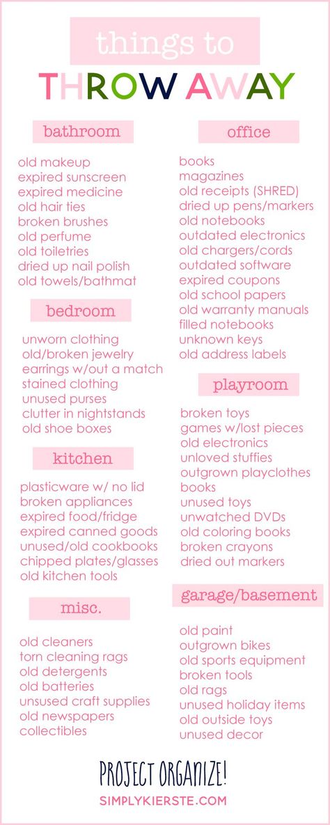 A great room-by-room list of things to throw away to help your home feel clean and uncluttered! It will make all the difference! Moving Tips, Easy Home Organization, Hemma Diy, Organisation Hacks, Organizing Hacks, Home Organisation, Organize Declutter, Book Book, Home Organization Hacks