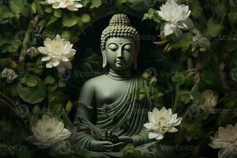 Buddha statue with lotus flower and green leaves background AI Generated Buddha With Lotus, Green Leaves Background, Buddha Background, Leaf Photo, Green Leaf Background, Leaves Background, Blue Background Images, The Buddha, Leaf Background