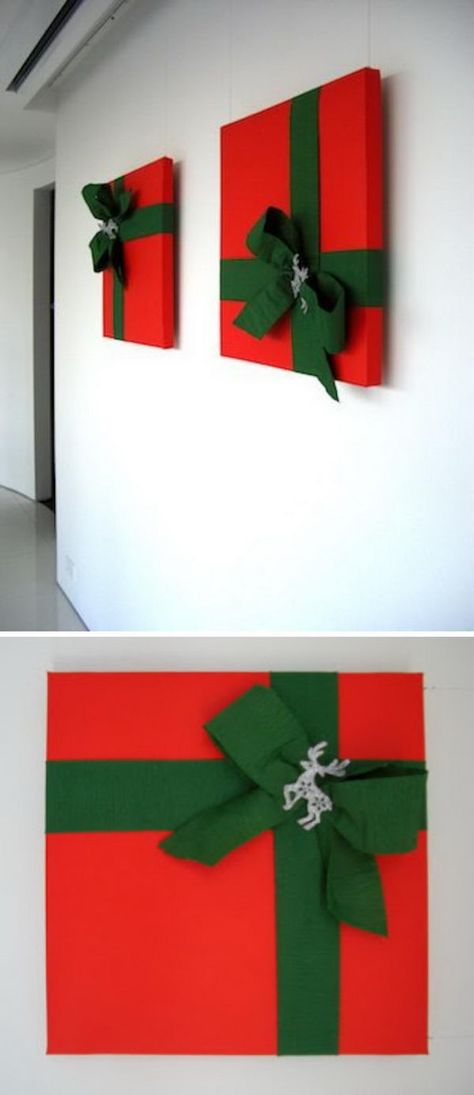 40+ Easy And Inexpensive DIY Christmas Hacks For A More Liveable Holiday 2017 Wall Decoration For Christmas, Big Wall Christmas Decor Diy, Christmas Decorations For Walls, Diy Christmas Decorations With Lights, Diy Christmas Wall Decorations Easy, Easy Christmas Wall Decor, Christmas Deco Ideas House, Wrapping Wall Art For Christmas, Easy Office Christmas Decorations