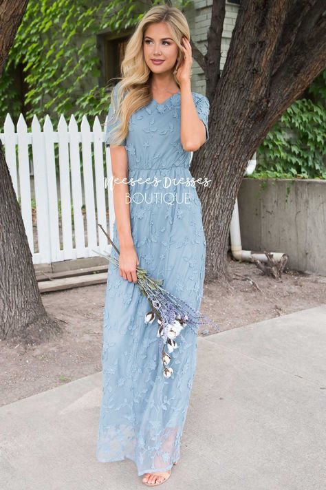 Modest Banquet Dresses, Dusty Blue Maxi Dress, Dusty Blue Dress Boho, Modest V Neck Dress, Wedding Guest Dusty Blue, Modest Dusty Blue Dress, Modest Easter Dresses For Women, Prom Dresses Modest Mormons, Formal Dresses Modest