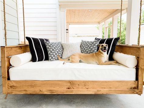 Bed Swings Outdoor, Bed Swing Porch, Day Bed Porch, Build A Crib, Diy Crib Mattress, Bed Porch Swing, Daybed Porch, Build A Porch, Outdoor Hanging Bed