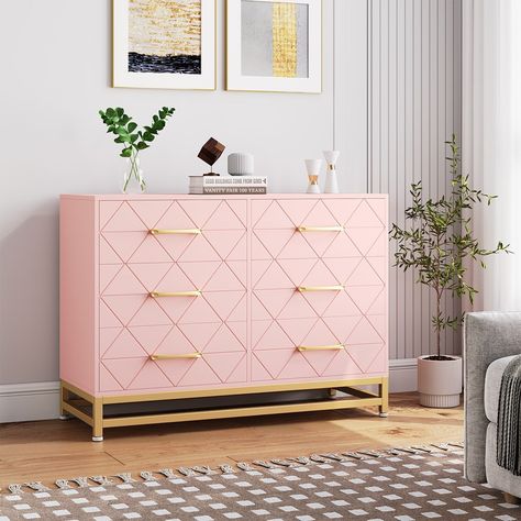 The Dual chest of drawers with a simple design The white/black/pink finish, gold handles, and then adding concave and convex lines to the simple engineered wood panel, are perfect for multiple occasions like office, bedroom, and kitchen. Not only can be used as a clothing organizer/lingerie dresser/TV stand, but also can be an accent storage cabinet for living room. It can easily match any interior style£¡ Freestanding Shelving, Pink Dresser, Dresser Tv Stand, Wide Chest Of Drawers, Modern Chests, Modern Chest Of Drawers, Dresser For Bedroom, Sleek Storage, Wooden Dresser