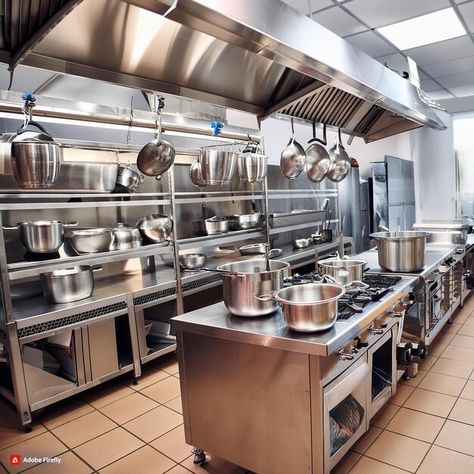 Photo stainless steel restaurant kitchen | Premium Photo #Freepik #photo Stainless Steel Restaurant Kitchen, Restaurant Wall Paper, Restaurant Appliances, Professional Kitchen Restaurant, Bloxburg Cafe, Chefs Kitchen Design, Big Kitchen Design, Open Kitchen Restaurant, Restaurant Kitchen Design