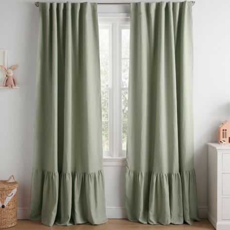 Pottery Barn Kids | Belgian Linen Ruffle Blackout Curtain In Sage Brand New - Never Used! (Got Sizing Wrong Sadly) Sold As Set Of 2 Size: 52" W X 84" L Sold Out Until July 2024! Sage Green Curtains, Pink And Green Nursery, Nursery Window Treatments, Blackout Panels, Green Nursery, Nursery Curtains, Green Curtains, Blackout Drapes, Pink Nursery