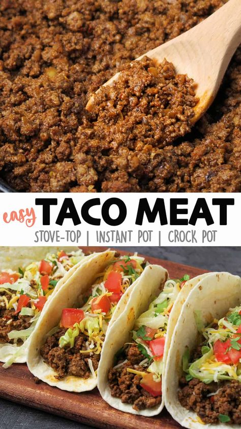 Easy Taco Meat {Skillet, Instant Pot, or Crock Pot} Easy Taco Recipes Beef, Crock Pot Taco Meat, Easy Taco Meat, Party Tacos, Crockpot Taco Meat, Best Taco Meat Recipe, Crockpot Beef Tacos, Meat For A Crowd, Taco Meat Recipe