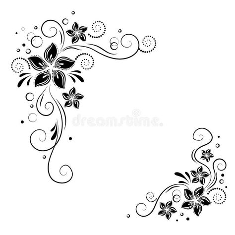 Decorative Border Drawing, Black Flower Border Design, Flourish Design Flowers, Black And White Designs Pattern, Black And White Flower Design, Flower Borders Design, Decorative Borders Design, Corner Designs Border, Corner Flower Design