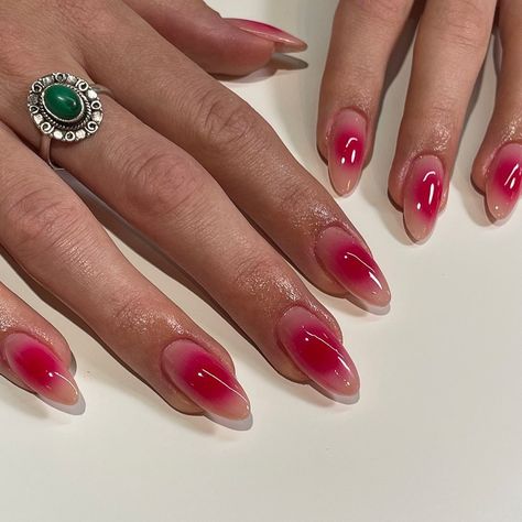 MIRRORS on Instagram: “Been loving these aura nails lately . . . . . #auranails #nycnailtech #lanailtech #naildesign #nailartist #slcnailtech #airbrushnails…” Magenta Aura Nails, Heat Signature Nails, Ombre Aura Nails, Fun Nails 2023, Face On Nails, Air Brushed Nails, Ora Nails, Airbrushed Nails, Aura Nails