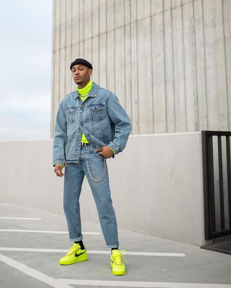 Darion Benzo Famous (@darion_famous) • Instagram photos and videos Neon Green And Black Outfit Men, Yellow And Blue Outfits For Men, Neon Outfits Men, Neon Party Outfits Men, Denim On Denim Outfit Men, Mens Layering Outfits, Colorblock Outfits, Darion Benzo, Neon Streetwear