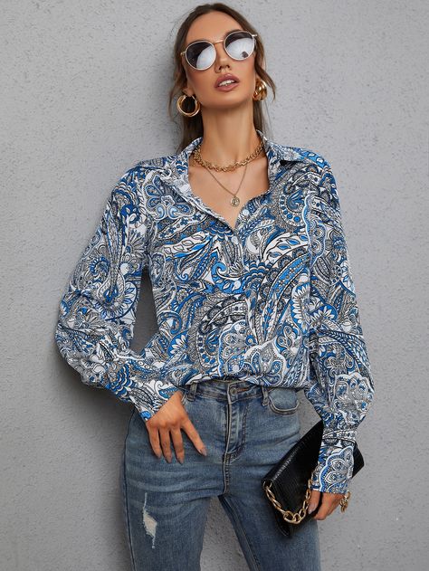 Multicolor Boho  Long Sleeve Polyester Floral,Paisley Shirt Embellished Slight Stretch Spring/Fall Women Tops, Blouses & Tee Paisley Shirt Outfit Women, Patterned Blouse Outfit, Paisley Print Blouse, Paisley Shirt, Women Blouses, Vintage Vibe, Blouse Outfit, Blouse Patterns, Print Blouse