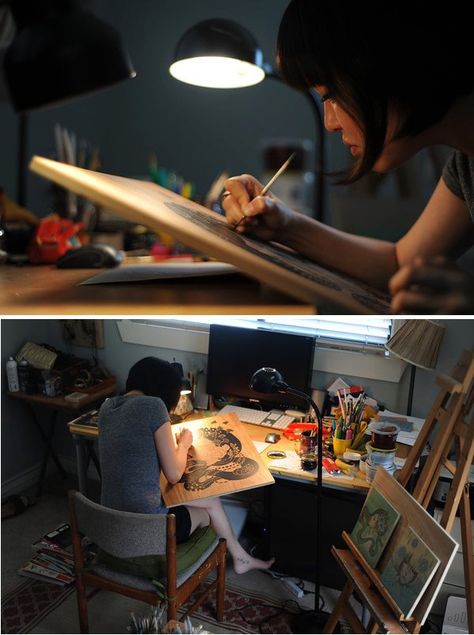 Audrey Kawasaki Artist Workspace, Functional Office, Art Studio Space, Art Studio Design, Audrey Kawasaki, Artist Working, Artistic Space, Creative Workspace, Office Items