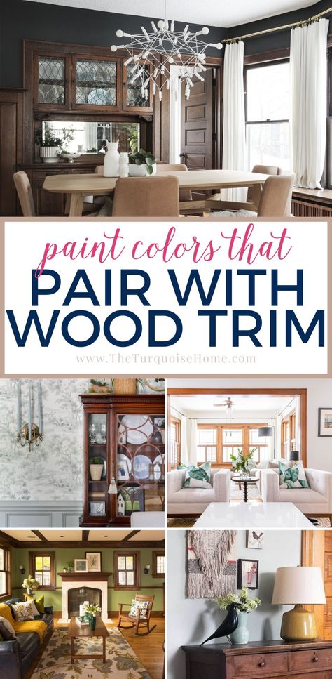 What color walls go best with dark wood trim? Find the best neutral, warm, and cool paint colors to pair with the dark trim in your home. Home Decor With Wood Trim, Wood Trim Colors Stains, Dark Brown Trim House Interior, Light Wood Trim Paint Colors, Dark Stain Baseboards Wood Trim, Old Home Wood Trim, Light Grey Walls With Wood Trim, Interior Design With Wood Trim, House With Brown Trim Inside