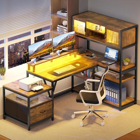 PRICES MAY VARY. Reversible Desk: This L Shaped Desk with bookshelf can be installed as a left L shaped desk or a right L-shaped desk according to your needs, good choice for your living room, study and office. This corner office desk is reversible, you can place the 7-tier bookshelf on right side or left side, the L desk design suits for corner space perfectly Convenient Charging Station: This L shaped desk with drawers features 2 USB ports, 4 power outlets & a 6.56ft power cord to charge your Computer Desk In Living Room, Gamer Office Ideas, Corner Office Desk, Shelves For Home Office, Bookshelf Corner, Drawer Bookshelf, Desk With Led Lights, Computer Desk With Drawers, Office Rustic