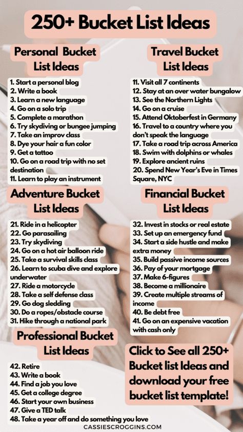 Over 250 of the best bucket list ideas to add to your personal bucket list! + Free printable bucket list template to help! Travel, unique, fun, personal, professional, family, for couples, and more bucket list ideas! Life bucketlist ideas and year bucket list ideas. #cassiescroggins #bucketlistideas #freeprintable Bucket List This Year, Road Trip Bucket List Things To Do, Shopping Bucket List, Career Bucket List, Places To Add To Your Bucket List, Financial Bucket List, Married Bucket List, Bucket List Journal Ideas Notebooks, Self Love Bucket List Ideas