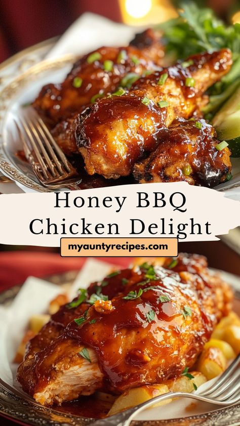 Honey BBQ Chicken Delight is sweet, smoky, and perfectly cooked. A wonderful addition to any fall recipe collection, this chicken dish is flavorful and simple to make, ideal for a cozy dinner. Baked Chicken Barbecue, Honey Bbq Chicken Recipes, Hot Honey Bbq Chicken, Baked Bbq Chicken Boneless, Bbq Chicken Ideas, Chicken Barbecue Recipes, Baked Honey Bbq Chicken, Honey Barbeque Chicken, Chicken With Bbq Sauce