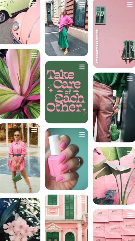 Flower Business Instagram Feed, Green Pink Instagram Feed, Pink And Green Mood Board Aesthetic, Pink And Orange Instagram Feed, Pink And Green Instagram Feed, Pink And Green Mood Board, Pink Green Branding, Brand Mood Board Inspiration, Green Mood Board