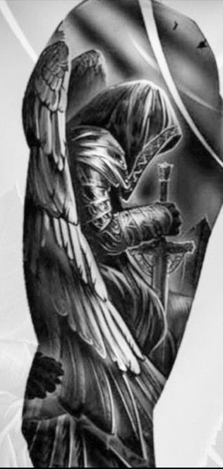 Angel Vs Demon Tattoo Sleeve, Dragon Angel Tattoo, Angel And Demon Tattoo Men, Dark Angel Tattoo Men, Mens Angel Tattoo, Fallen Angel Tattoo Designs, Cool Mens Tattoos, Men's Forearm Tattoos, Upper Arm Tattoos For Guys