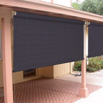 Patio blind: We make tailor-made roll-up shade for your large patio windows. Our lightweight and durable outdoor blinds elegantly fit any size or shape, even sliding patio doors, to provide the optimum combination of protection and style. Blind Size: 72"W x 72"L, Color: Cocoa | Symple Stuff Outdoor UV Protection Exterior Roller Shade | 72"W x 72"L | Wayfair Deck Blinds Roller Shades, Outdoor Roller Blinds Patio, Exterior Shades Patio, Deck Blinds Privacy Screens, Shade Covers Outdoor, Sun Shades For Patio Backyard Ideas, Privacy Shades For Patio, Patio Blinds Outdoor, Outdoor Blinds For Porch