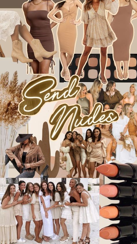 #sendnudestheme #bachelorette #moodboard #bachelorettetheme #nudebachelorette #neutraltones Bachelorette Night Out Outfit Themes, Bachelorette Party Outfit Night, Palm Springs Bach, Bachelorette Outfit Themes, Bachelorette Matching, Bachelorette Party Planner, Hen Do Outfits, Miami Bachelorette Party, Gold Bachelorette Party