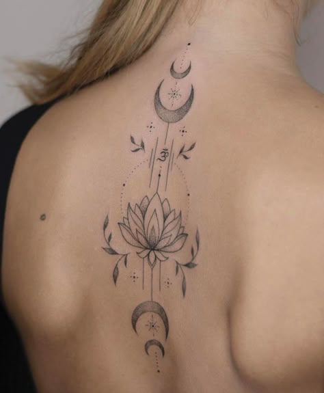 Moon Tattoo Designs, Spine Tattoos For Women, Spiritual Tattoos, Lotus Tattoo, Dainty Tattoos, Subtle Tattoos, Spine Tattoos, Flower Tattoo Designs, Back Tattoos