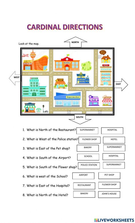 Maps And Directions Worksheet, Cardinal Directions For Kids, Cardinal Directions Worksheet, Map Worksheets For Kids, Directions Worksheet For Kids, Giving Directions Map, Cardinal Directions Activity, Giving Directions Worksheet, Directions Worksheet