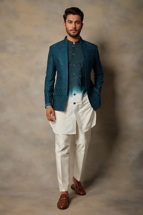 Shop for Gargee Designers Blue Cotton Silk Embroidered Bandhgala And Kurta Set for Men Online at Aza Fashions Luxury Kurta For Wedding And Transitional Seasons, Luxury Men's Jamawar Bandhgala, Luxury Bandhgala For Reception In Traditional Drape, Luxury Men's Kurta With Band Neckline, Luxury Bandhgala For Winter Wedding, Luxury Designer Straight Kurta Bandhgala, Luxury Men's Straight Kurta Bandhgala, Luxury Cutdana Bandhgala For Traditional Ceremonies, Designer Luxury Bandhgala For Ceremonies